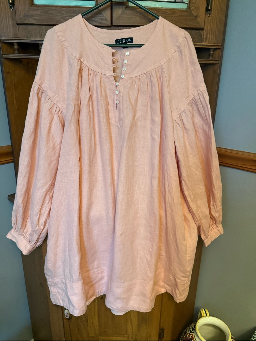 J.Crew 100% linen Gathered Popover peasant sleeve style Dress L